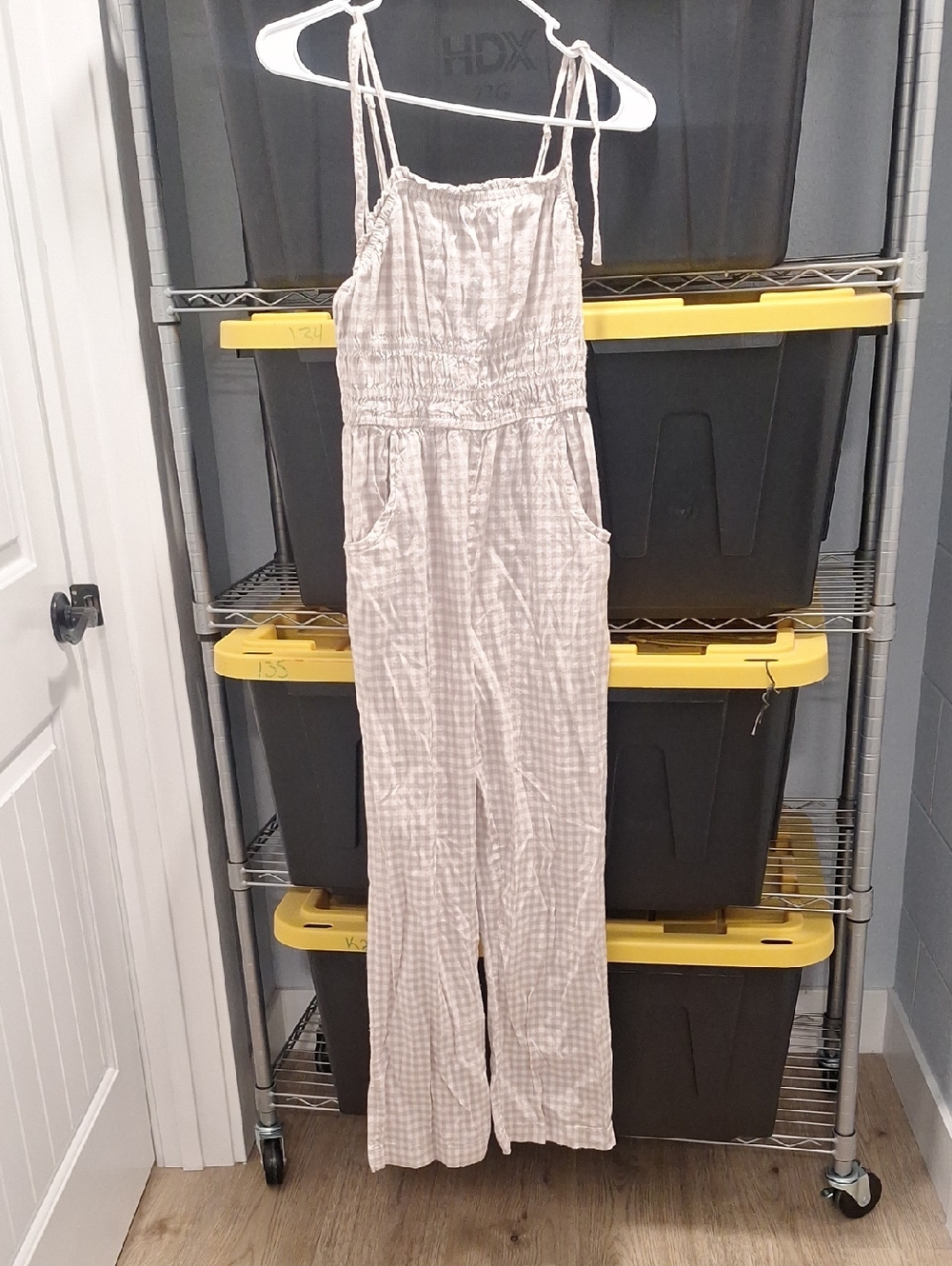 Sincerely Jules Beige Gingham Smocked Jumpsuit with Tie Straps